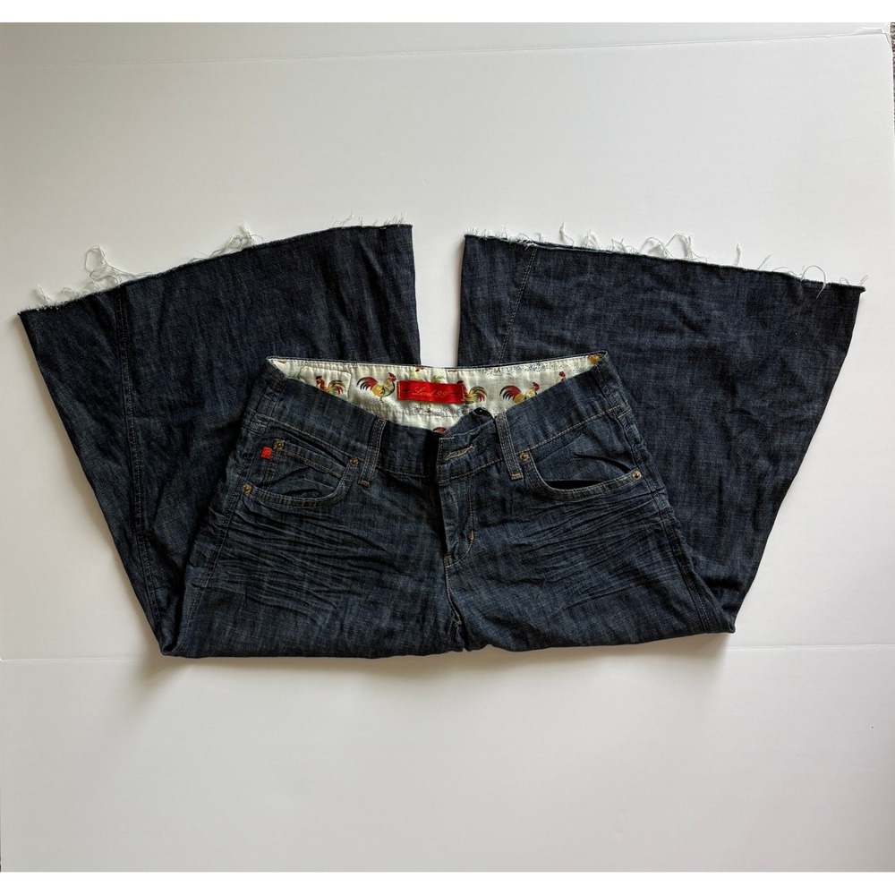 Y2K Level 99 Women 100% Cotton Wide Leg Capri Pants Dark Wash Rooster Lining